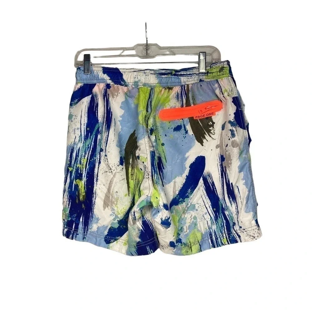 PAGE ONE Mens‎ Swim Trunks Beach Shorts Green & Blue Paint Splatter Design L
